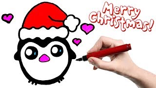 How to Draw a penguin in a Christmas cap...Как нарисовать пингвина в Рождественском колпаке