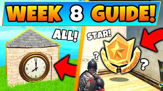Fortnite WEEK 8 CHALLENGES! - Clock Locations, Secret Star? (Battle Royale Season 9 Guide)