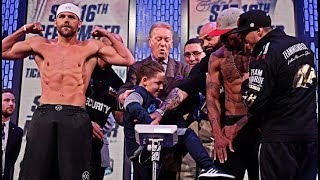 (WOW) LOW BLOW! -BILLY JOE SAUNDERS SON PUNCHES WILLIE MONROE JR IN THE BALLS & KICKS HIM @ WEIGH IN