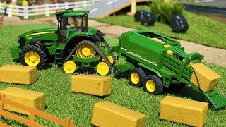 BRUDER tractor farming toys | John Deere haybale action video for kids!