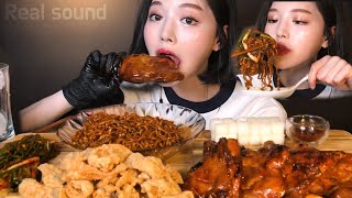SUB)자메이카 통다리 불닭게티 닭껍질튀김 치밥까지 치킨먹방 리얼사운드 Jamaican Tongdari Chicken and Japagetti Mukbang ASMR