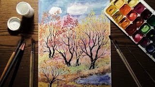 Акварель+Гуашь. "Осенний Пейзаж 2" / Watercolor+Gouache. "Autumn Landscape 2"