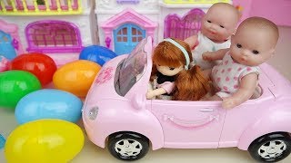Surprise eggs and Baby Doli car and slide house toys baby doll play