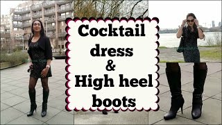 Crossdresser - cocktail dress and black high heeled boots - bit of pole action | NatCrys