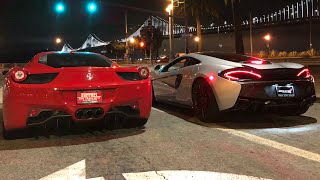 STREET RACE Ferrari vs Mclaren! HEADPHONE USERS BEWARE!! 570GT vs 458 Italia