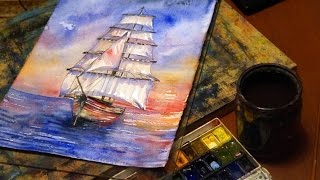 Акварель. Корабль на закате.