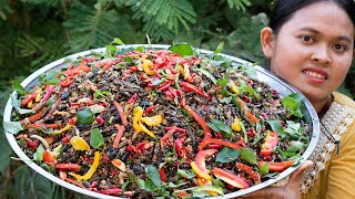 Yummy Mixed Cricket Fry Rice Powder Spicy Chilies Salad Recipe - Cooking Rural Foods