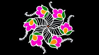 Simple Daily Rangoli || 5x3 Middle Dots Flower Kolam || Creative Daily Rangoli Designs With Dots