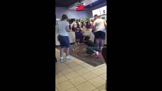 Girl in high heels FALLS and smashes her tray in a self-service restaurant