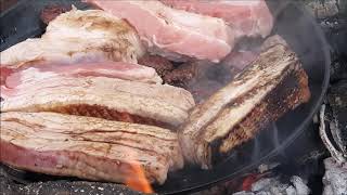 VAN CAMPING BELLY PORK ON AN OPEN FIRE YUMMY