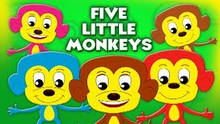 Cinco macacos pequenos | pulando rima | Five Little Monkeys