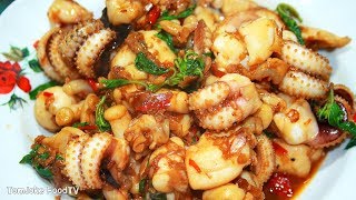 วิธีทำผัดกระเพราปลาหมึก ให้กรอบหอมไม่หดน้ำไม่นองเต็มจาน Thai Basil Squid