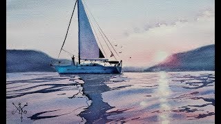 Морской пейзаж с корабликом акварелью