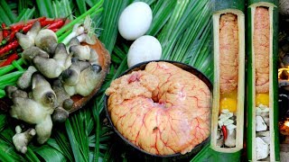 Primitive Cooking egg Fish with Mushrooms​ in Bamboo - factory Food | Wilderness Life