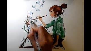 Рисуем гуашью: Девочка рисует бабочек.