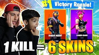 1 Kill = 6 Free Skins For My 10 Year Old Little Brother! Fortnite Skins Challenge!