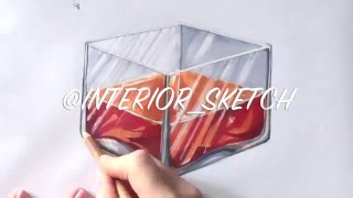 Скетч - стеклянная ваза с жидкостью. draw the texture of glass markers