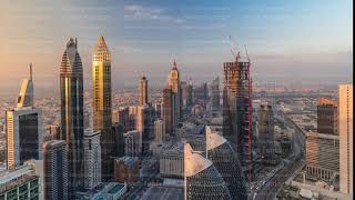 Skyline view of the buildings of Sheikh Zayed Road and DIFC aerial timelapse in Dubai, UAE.