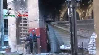 حلب نيوز || بستان الباشا : الثوار على حائط مبنى ملحق المعهد الرياضي التي سيطروا عليه 14 4 2014
