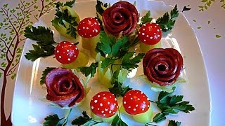 Цветы из колбасы. Грибы из овощей! Decoration of tomato, pepper, sausage