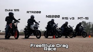 R15 v3 vs MT-15 vs NS200 vs Duke 125 vs Apache RTR200 | FreeStyle 250m Drag Race