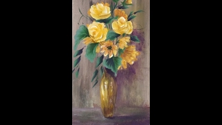 Желтые цветы акрилом. Рисуем вазу, фон, ромашки, розы.Flowers- roses, daisies, vase, in acrylic.