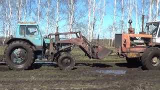Буксует МТЗ-80 с прицепом удобрения вытащил Т-150К.Stalling MTZ-80 with fertilizer pulled the T-150K