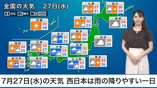 7月27日(水)の天気　関東は夏の日差し復活　西日本は雨の降りやすい一日