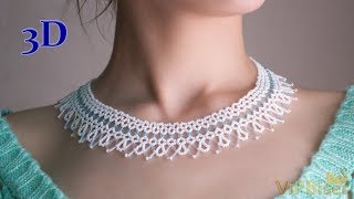 Beautiful and Delicate Bugle Bead Necklace in White and Blue Color. 3D Beading Tutorial