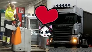 Swedish Trucker Girl Top Heavy Refrigerator Delivery with Semi Trailer