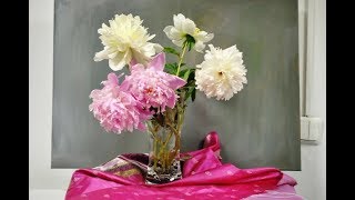 "Нежный букет пионов" картина маслом поэтапно. Bouquet of peonies. Picture