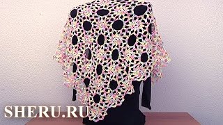 Ажурная косынка из мотивов Урок 13 часть 1 из 3 Cachecol de Croche