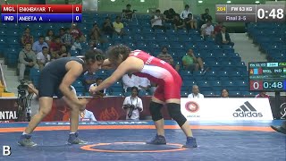 BRONZE FW - 63 kg: T. ENKHBAYAR (MGL) df. A. ANEETA (IND), 8-8