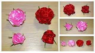 Чайная роза и бутон из атласных лент в технике канзаши