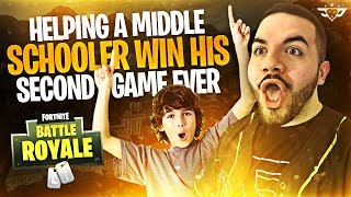 HELPING MIDDLE SCHOOLER WIN HIS SECOND GAME EVER! - Random Duos! (Fortnite: Battle Royale)