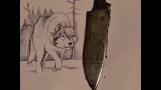 травление волка на ноже из р6м5 etching of a wolf on the knife
