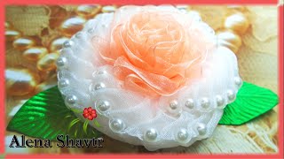 Цветок из органзы с бусинками, Часть 1, МК Канзаши/ Organza flower with beads, Part 1, MK Kanzashi