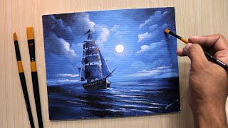 Acrylic painting of Moonlight night sky with a lonely ship