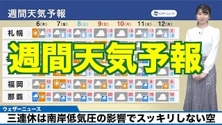 【週間天気予報】三連休は南岸低気圧の影響でスッキリしない空、連休明けは日本海側で荒天のおそれ