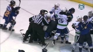 Backes, Perron, Kassian, Alberts scrum April 16 2013 Vancouver Canucks vs St. Louis Blues NHL