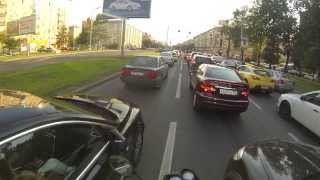 BMW K1300R. Heavy traffic filtering. Acrapovic exhaust sound.