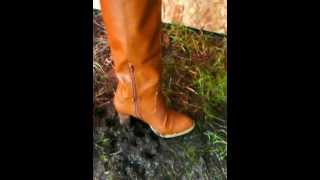 Brown tall leather high heel boots trampling and crushing #49