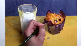 Как написать стакан с молоком и кекс акварелью.