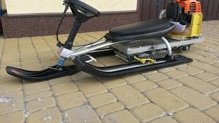 Homemade snowmobile for kids of grass-cutter and sled / DIY mini-snowmobile