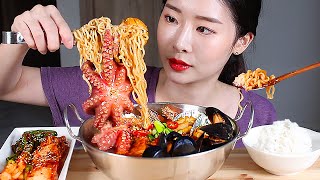 해물라면 라면밥 파김치 겉절이 리얼사운드먹방/SEAFOOD RAMEN OCTOPUS SHRIMP MUSSEL Mukbang Eating Show 海鮮ラーメン mì hải sản拉面