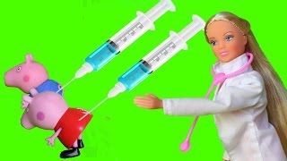 Свинка пеппа. Доктор Барби. Peppa Pig. Джордж и Пеппа простудились купаясь в ванне. Им делают укол.