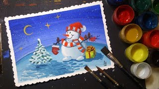 Снеговик (рисуем предновогоднее настроение)гуашь.snowman