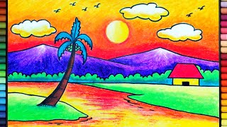 VERY EASY" How to Draw Simple Sunset Scenery for Beginners | Drawing Sunset Scenary for Beginners
