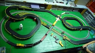 HO SLOT CARS vs FREIGHT TRAIN HO Scale Layout - Crashes at Road & Rail crossing