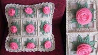 ДЕКОРАТИВНАЯ ПОДУШКА КРЮЧКОМ ИЗ МОТИВОВ С ОБЪЕМНЫМИ РОЗАМИ